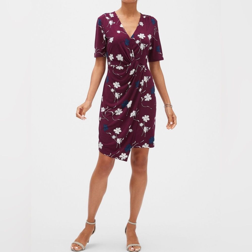 Banana Republic burgundy blue and white floral print faux wrap dress size XS